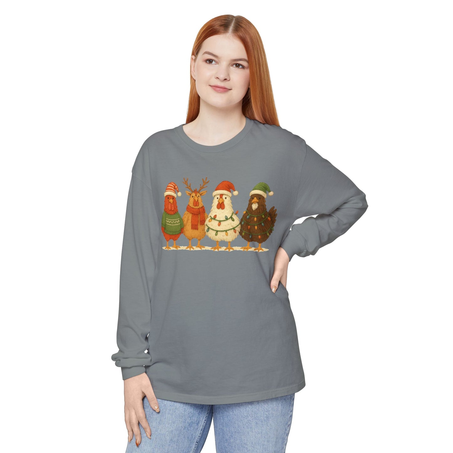 Christmas Birds Long Sleeve T-Shirt — Cute Holiday Chickens in Sweaters