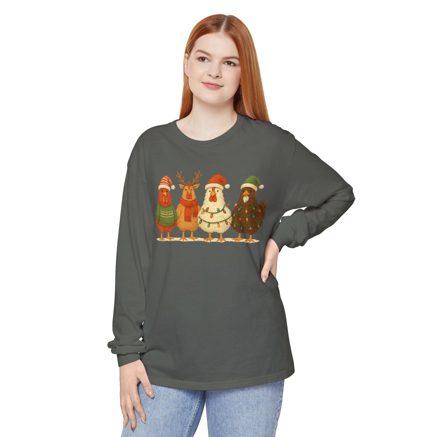 Christmas Birds Long Sleeve T-Shirt — Cute Holiday Chickens in Sweaters