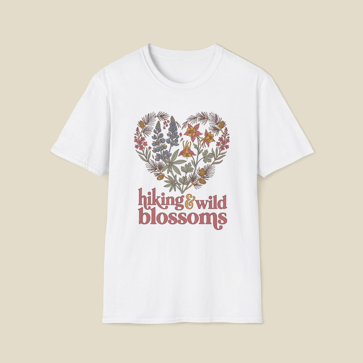 Hiking & Wild Blossoms T‑Shirt — Floral Heart Nature Tee for Hikers