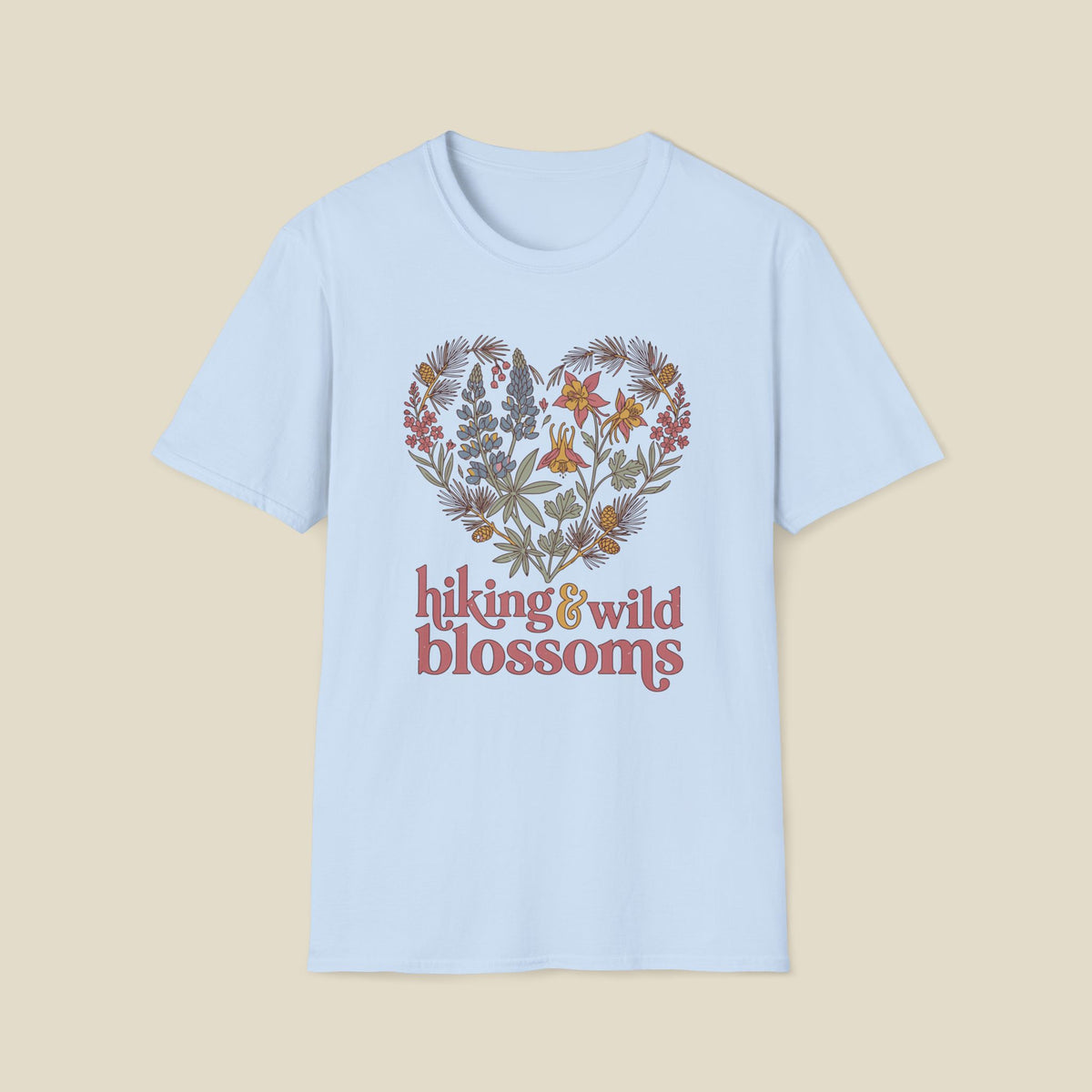 Hiking & Wild Blossoms T‑Shirt — Floral Heart Nature Tee for Hikers