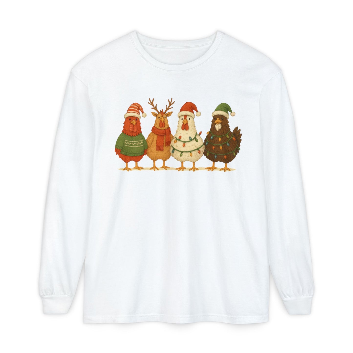 Christmas Birds Long Sleeve T-Shirt — Cute Holiday Chickens in Sweaters