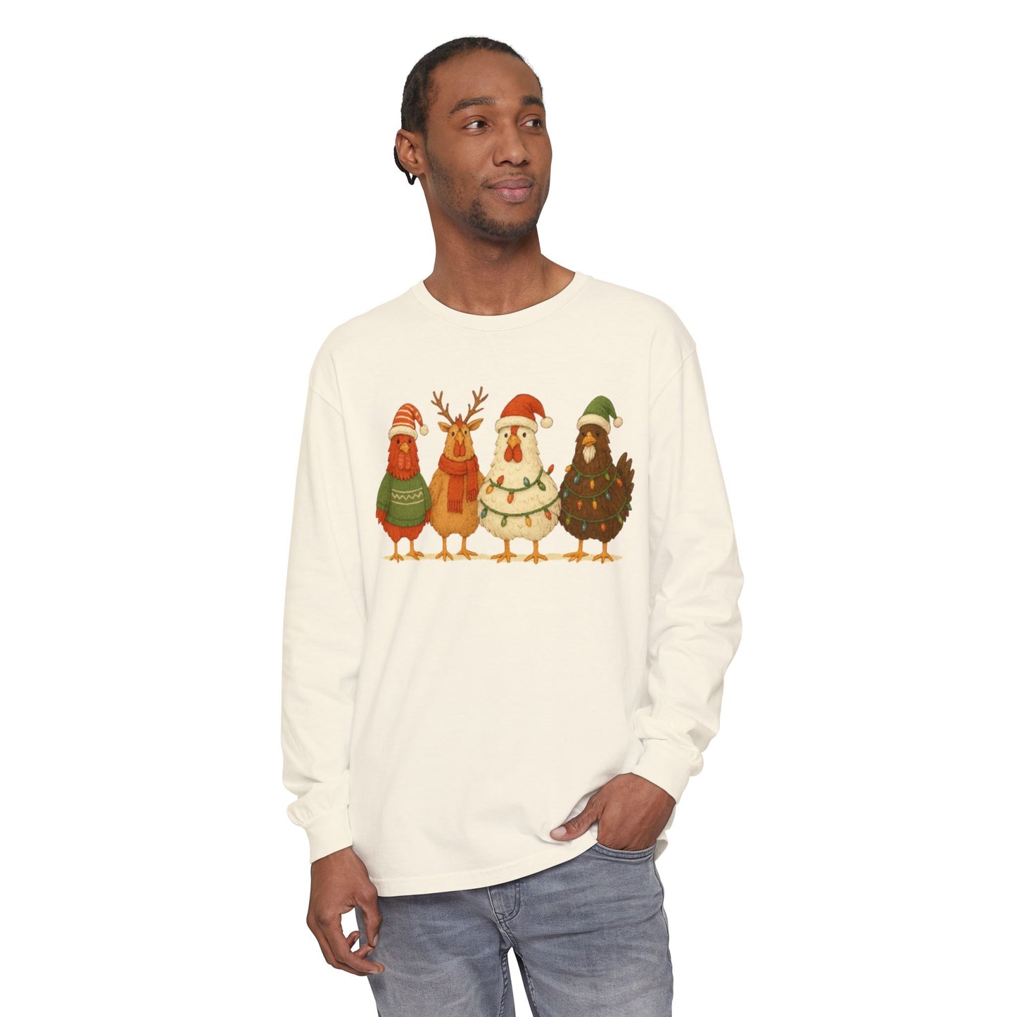 Christmas Birds Long Sleeve T-Shirt — Cute Holiday Chickens in Sweaters