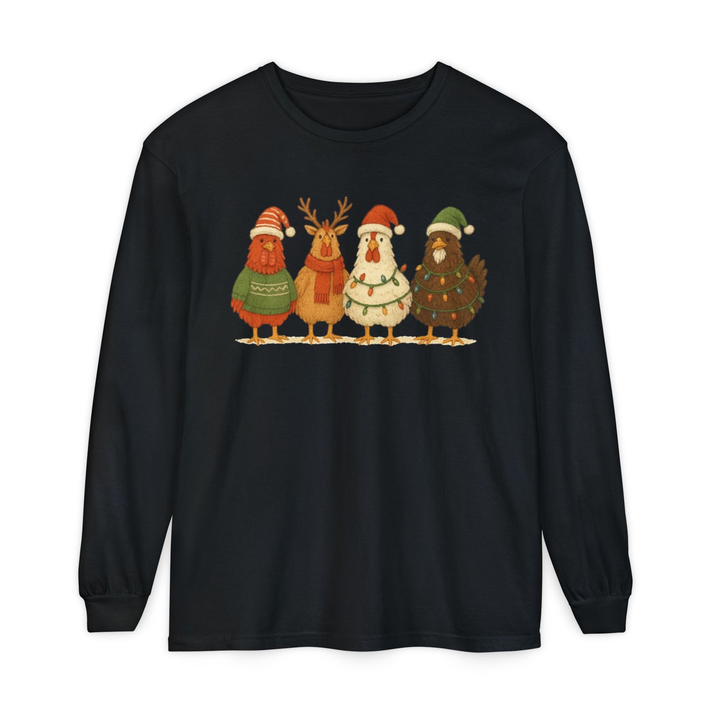 Christmas Birds Long Sleeve T-Shirt — Cute Holiday Chickens in Sweaters