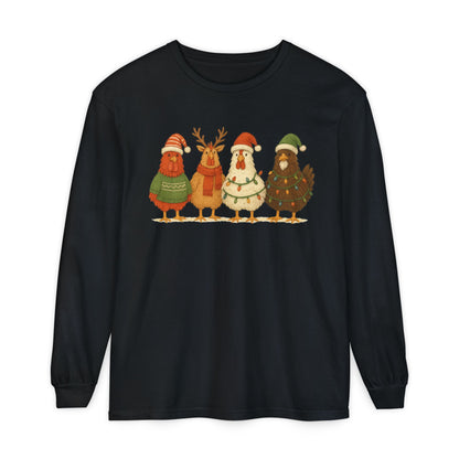Christmas Birds Long Sleeve T-Shirt — Cute Holiday Chickens in Sweaters