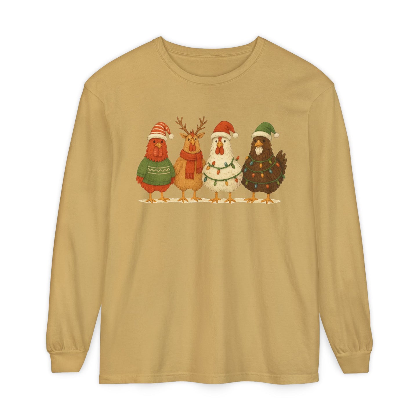 Christmas Birds Long Sleeve T-Shirt — Cute Holiday Chickens in Sweaters