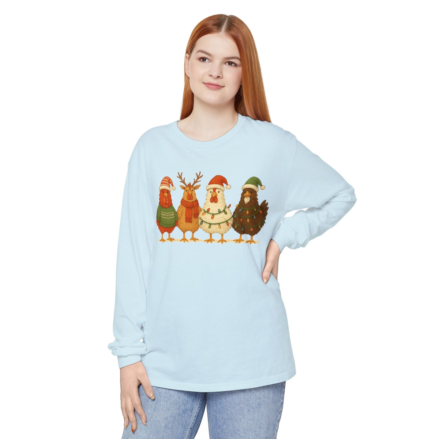 Christmas Birds Long Sleeve T-Shirt — Cute Holiday Chickens in Sweaters
