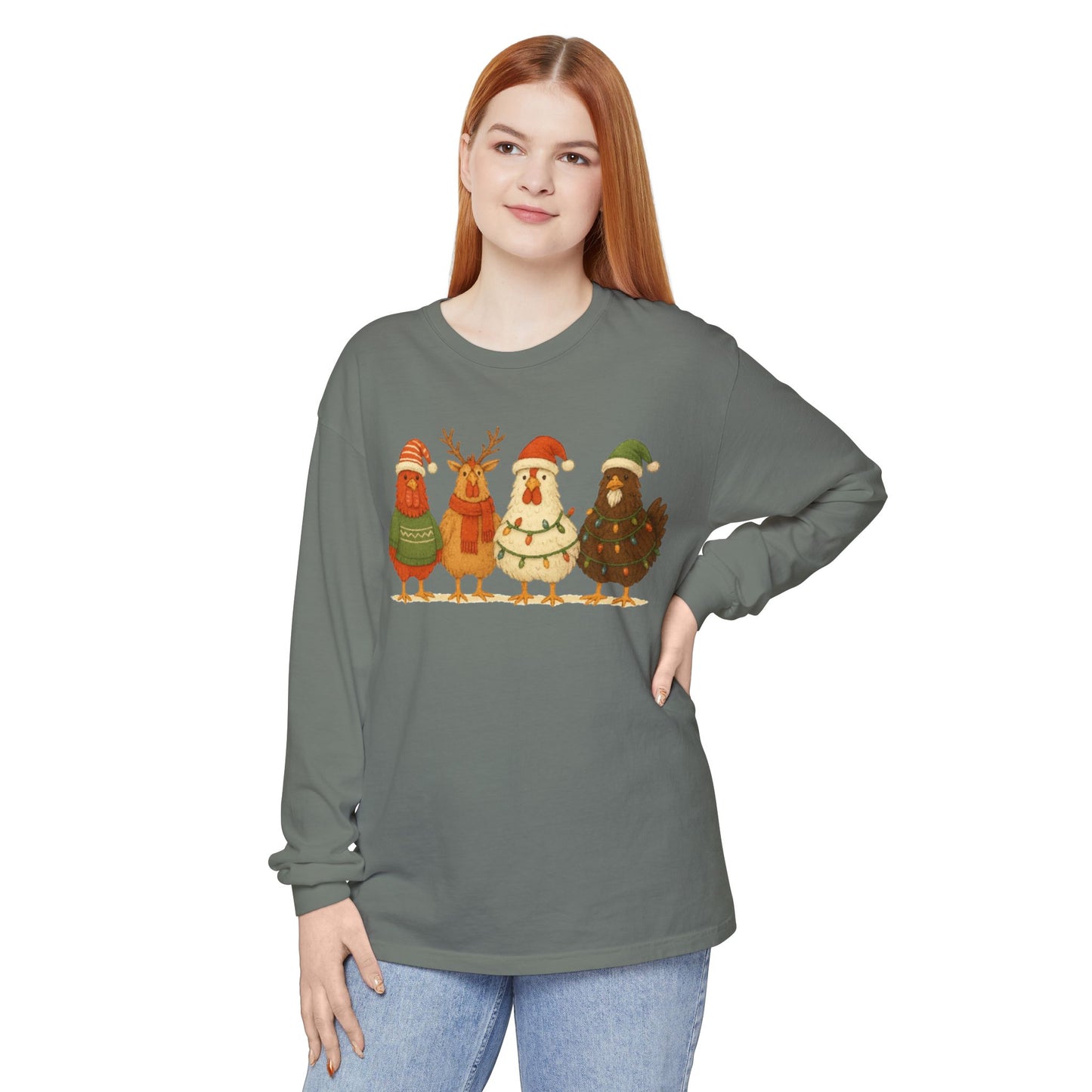 Christmas Birds Long Sleeve T-Shirt — Cute Holiday Chickens in Sweaters