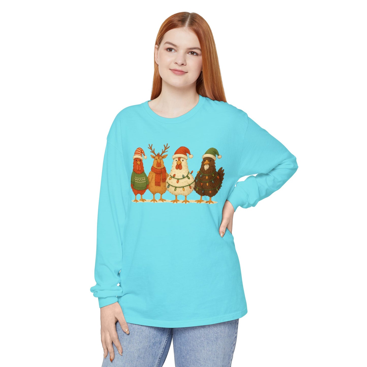 Christmas Birds Long Sleeve T-Shirt — Cute Holiday Chickens in Sweaters