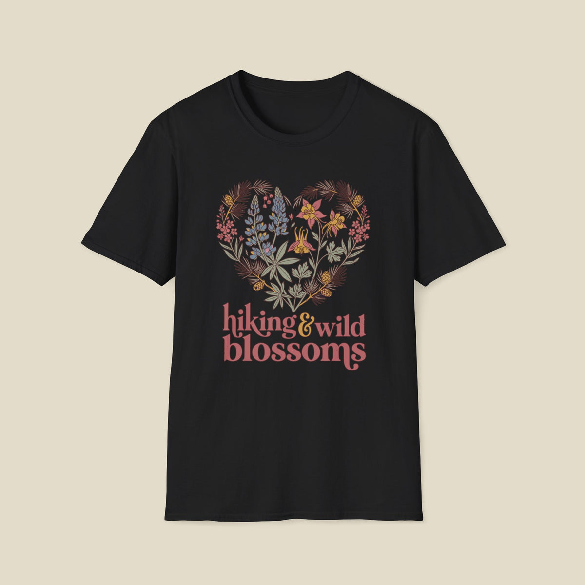 Hiking & Wild Blossoms T‑Shirt — Floral Heart Nature Tee for Hikers