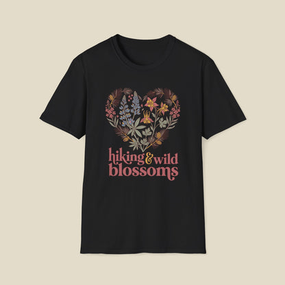 Hiking & Wild Blossoms T‑Shirt — Floral Heart Nature Tee for Hikers