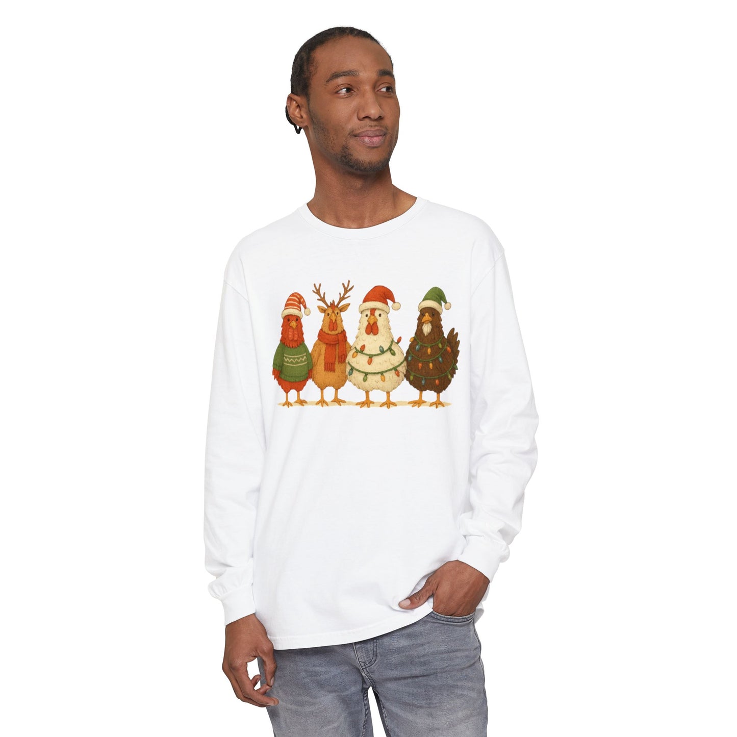 Christmas Birds Long Sleeve T-Shirt — Cute Holiday Chickens in Sweaters