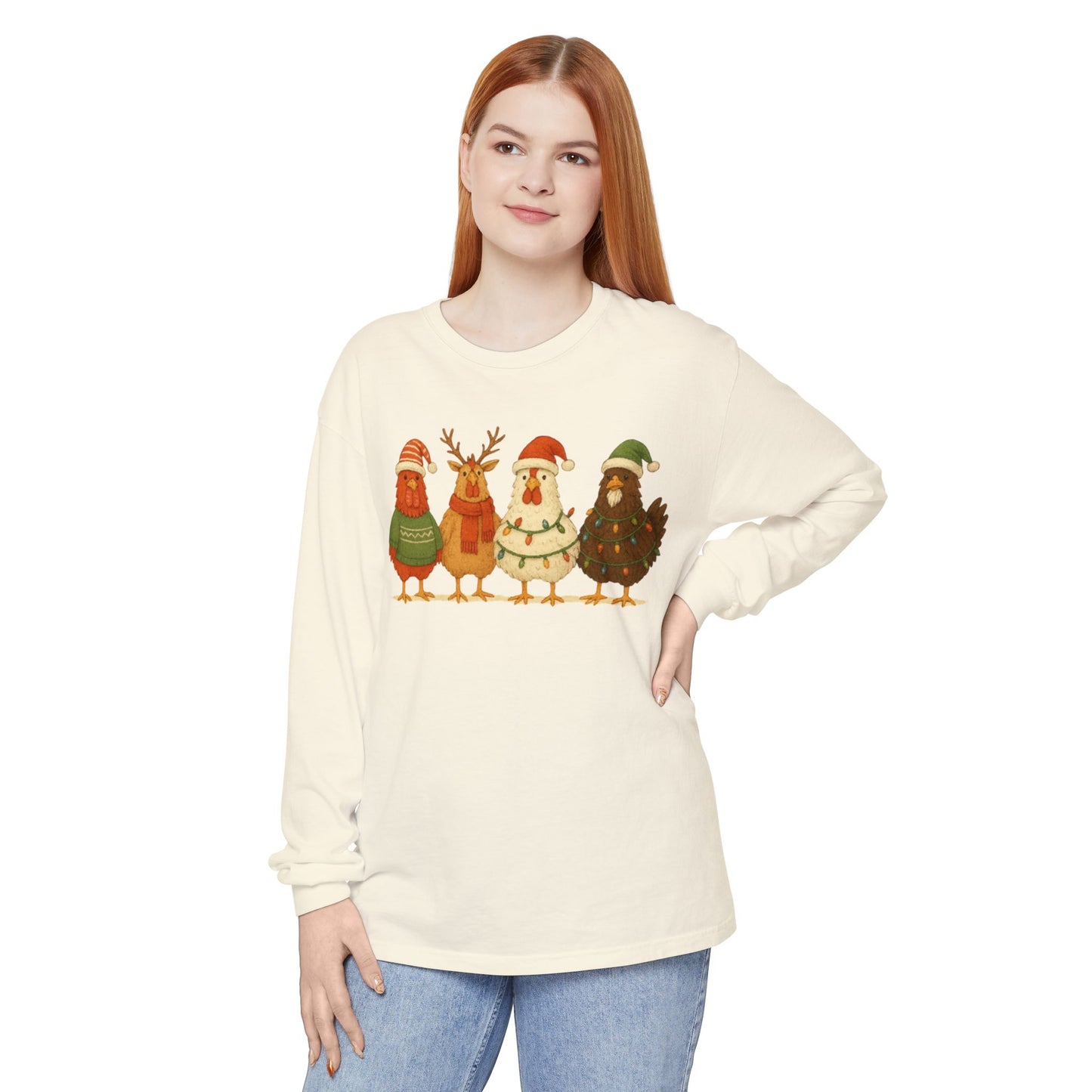 Christmas Birds Long Sleeve T-Shirt — Cute Holiday Chickens in Sweaters