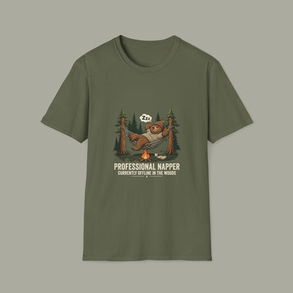 Professional Napper T-Shirt — "Currently Offline In The Woods" Camping Tee