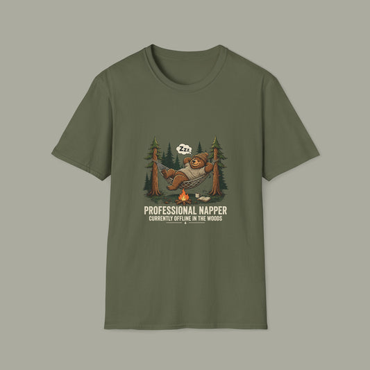Professional Napper T-Shirt — "Currently Offline In The Woods" Camping Tee