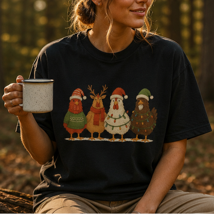 Christmas Chickens Holiday T‑Shirt — Festive Farmyard Birds in Santa Hats