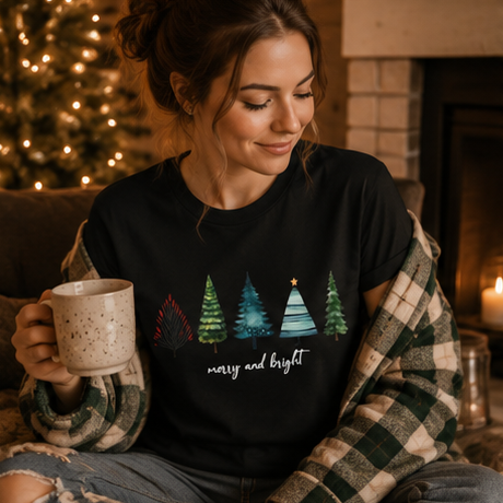 Minimal Christmas Trees Crew Tee — Holiday Forest Graphic T-Shirt
